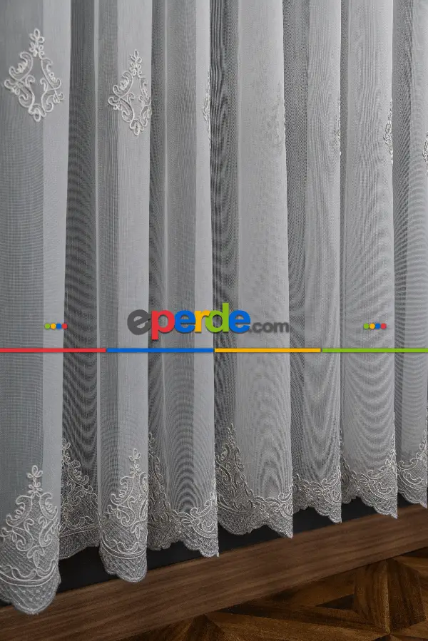 Oturma Odası - Alangart Nakışlı Tül Perde - Ekru - Gri