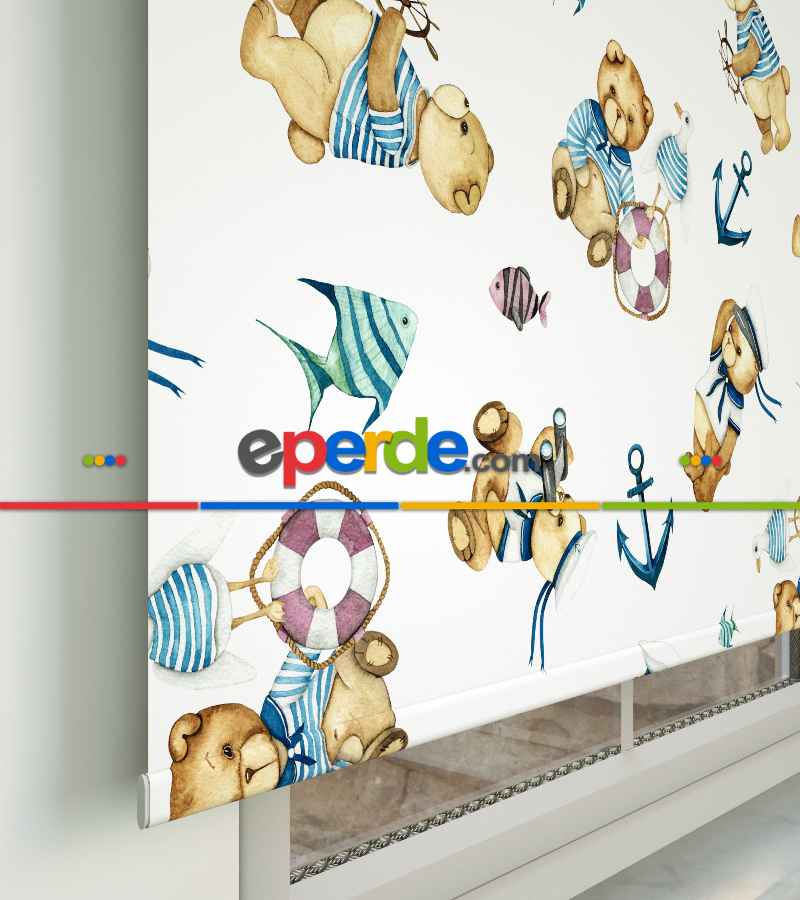 Bebek Odası Stor Perde - Kaptan Ayıcık Baskılı Stor Perde- Mavi-Beyaz-Kahve Açık-Su Yeşili