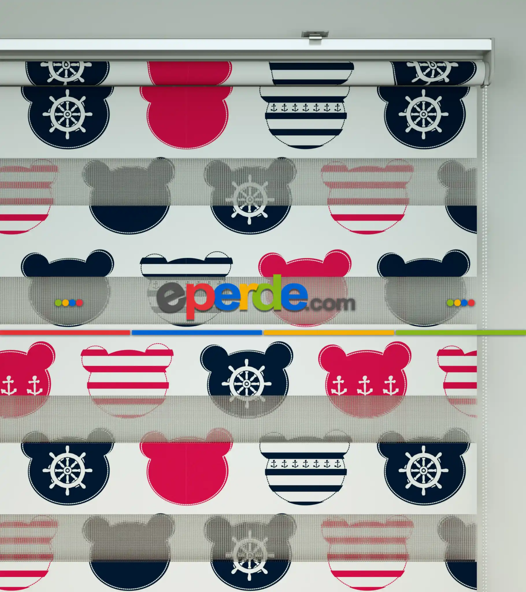 Bebek Odası Zebra Perde - Çapa Baskılı Zebra Perde- Lacivert-Beyaz-Fuşya