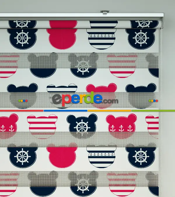 Bebek Odası Zebra Perde - Çapa Baskılı Zebra Perde- Lacivert-Beyaz-Fuşya