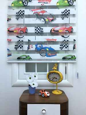 Zebra Perde - Araba-far Baskılı Çocuk Ve Genç Odası- Yeşil-mavi-kiremit Rengi