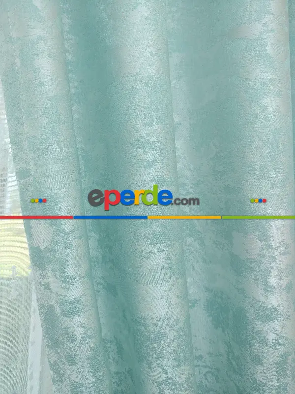 Patine Desenli Su Yeşil - Katyonik Jakar Fon Perde- Su Yeşili