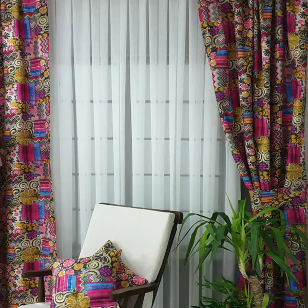 Etnik Fuşya Desenli Fon Perde Perde4103-1 Kumaşı Kalındır Duck Bezi Değildir- Sarı-Fuşya- Çok Renkli 2