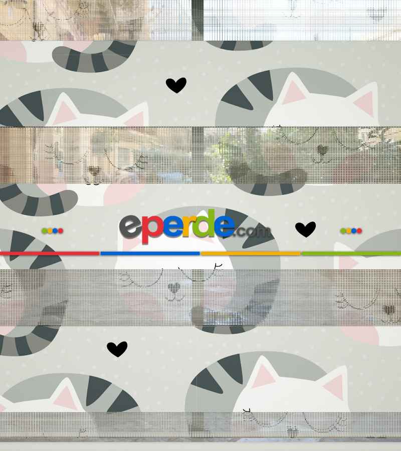 Kedicik Desenli Baskılı Zebra Perde- Çok Renkli