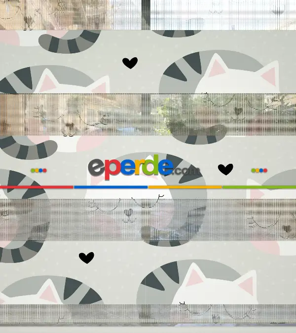 Kedicik Desenli Baskılı Zebra Perde- Çok Renkli