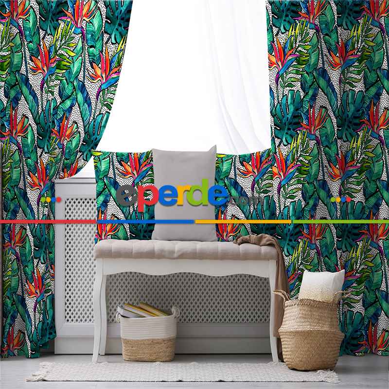 Tropik Desenli Fon Perde Evim588 Kumaşı Kalındır Duck Bezi Değildir- Mavi-beyaz