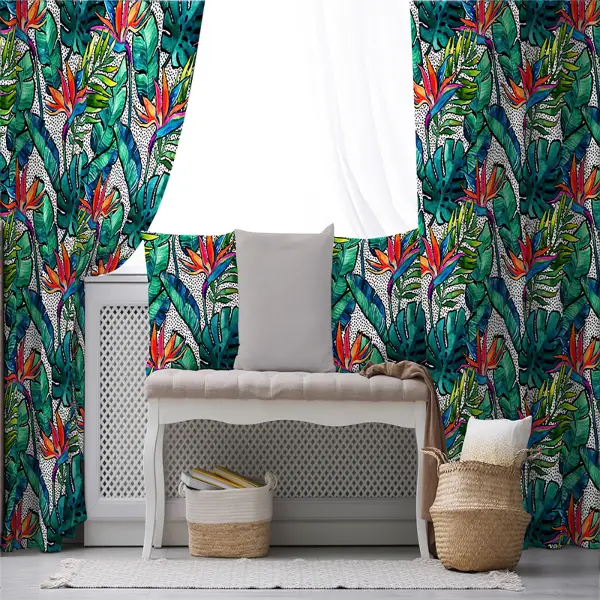 Tropik Desenli Fon Perde Evim588 Kumaşı Kalındır Duck Bezi Değildir- Mavi-beyaz