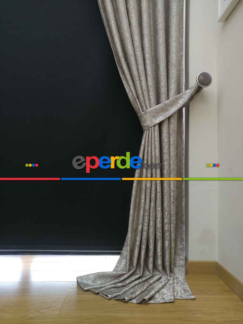 Gri Krem Desenli Jakar Fon Perde (180cm En)- Gri-füme-antrasit-krem Açık