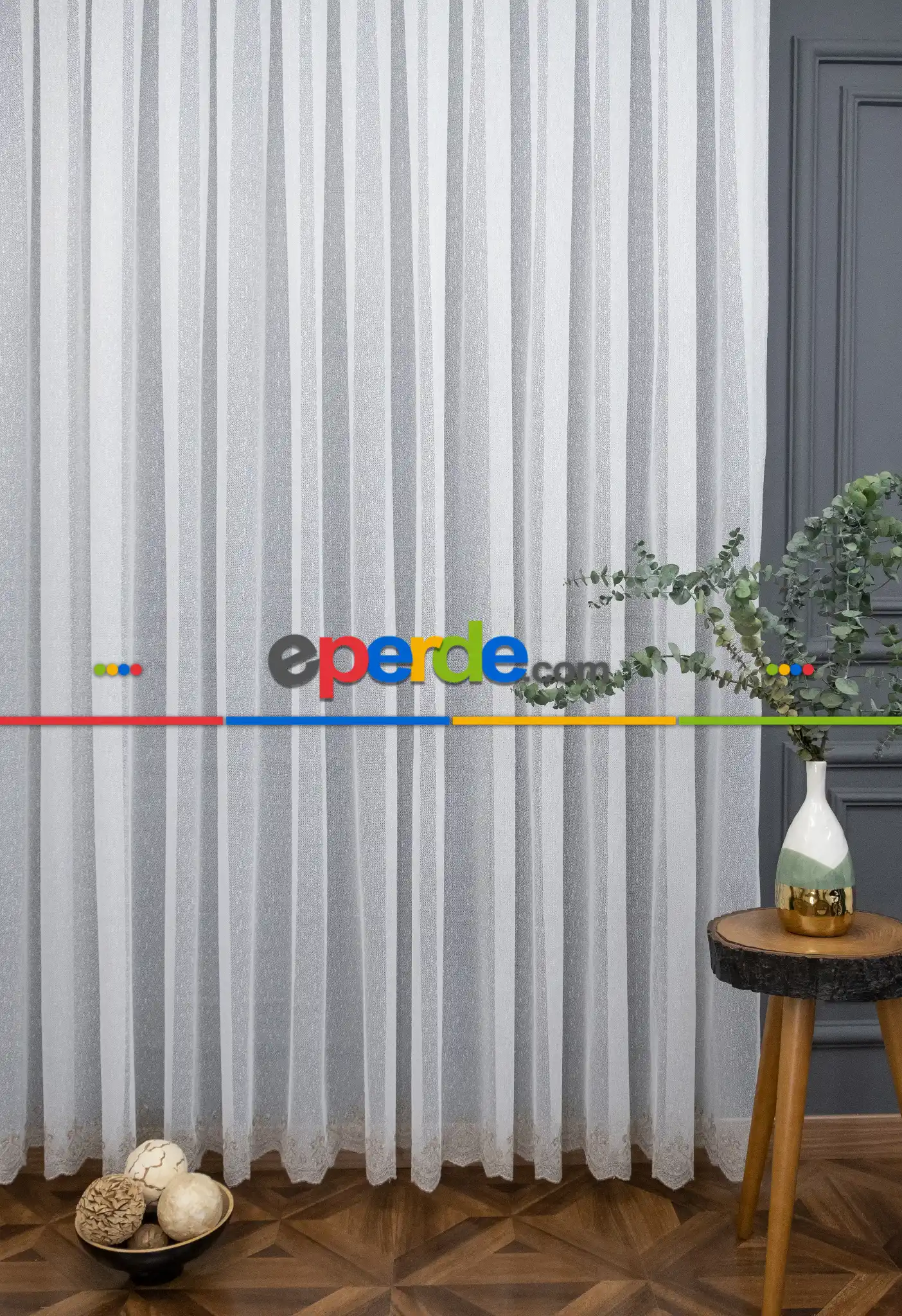 Salon Tül Perde - Şehrazat Fransız Danteli Etek Ucu Kahve Renk Nakışlı Örme Tül