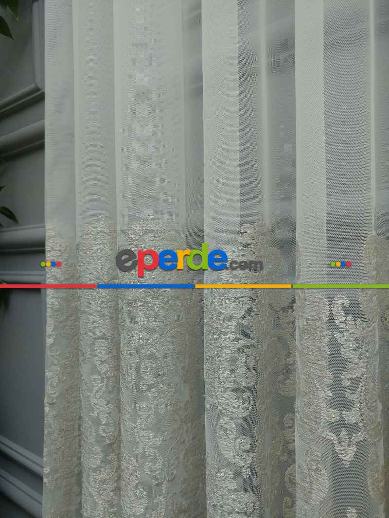 Oturma Odası - Eteği Duble Nakış İşlemeli Lüx Tül Perde Ikon 2021- Krem-altın Simli