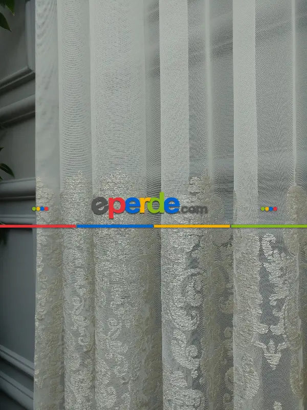 Salon Tül Perde - Eteği Duble Nakış İşlemeli Tül Perde Ikon 2021- Krem