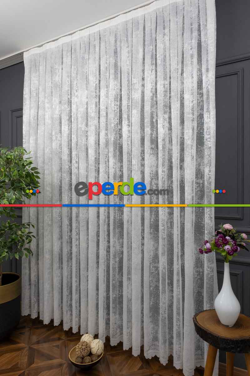 Oturma Odası - Patine Desenli Özel Örgülü Örme Tül - Ekru