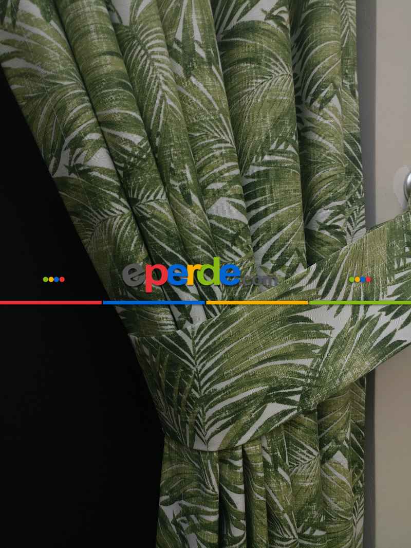 Tropikal Yaprak Desenli Fon Perde(leke Tutmaz)- Yeşil-beyaz