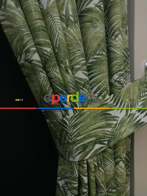 Tropikal Yaprak Desenli Fon Perde(leke Tutmaz)- Yeşil-Beyaz