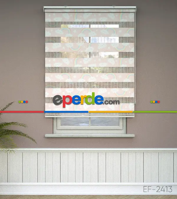 Bulut Desenli Baskılı Zebra Perde- Çok Renkli