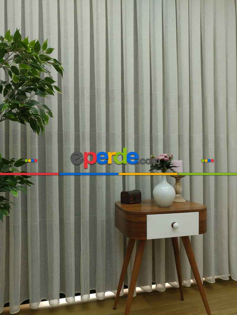 Mutfak - Bantlı Keten Doğal Tül Perde- Krem