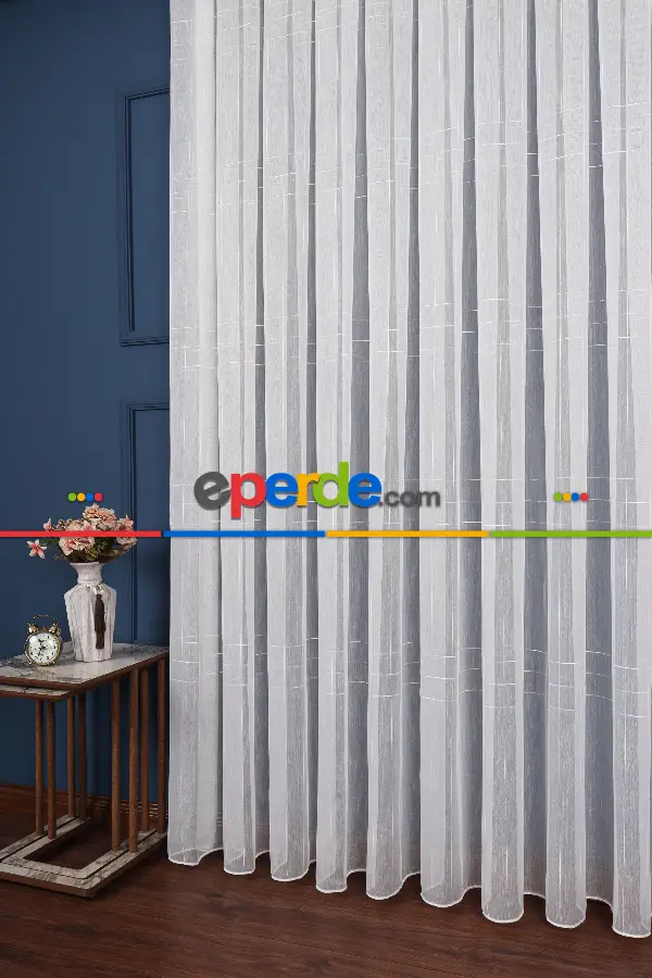 Bambu Zemin Geometri Nakış İşlemeli Tül Perde