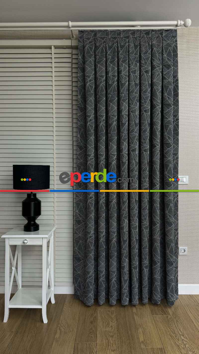 Dolcevita Siyah Gri Geometrik Desen Premium Jakar Dokuma Fon Perde