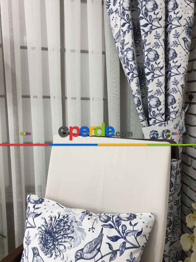 Kuş Desenli Fon Perde Evm580 Kumaşı Kalındır Duck Bezi Değildir- Beyaz