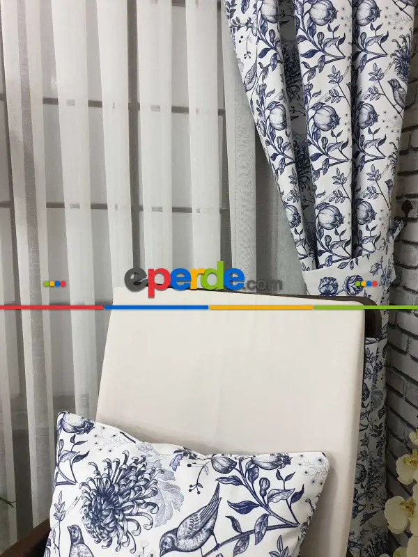 Yatak Odası - Kuş Desenli Fon Perde Evm580 Kumaşı Kalındır Duck Bezi Değildir- Beyaz