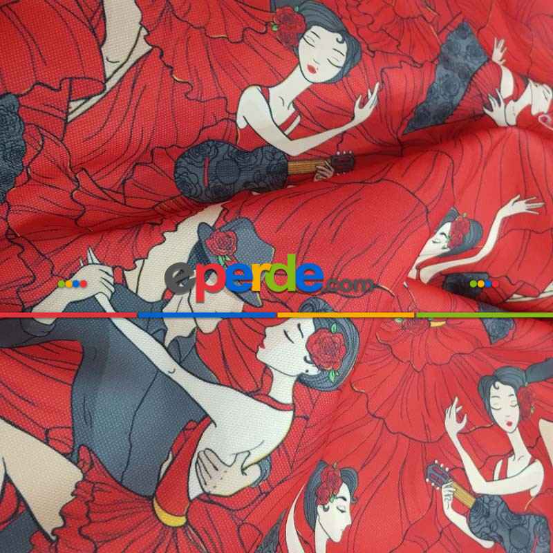 Dans Desenli Fon Perde Evm704 Kumaşı Kalındır Duck Bezi Değildir- Siyah-Kırmızı