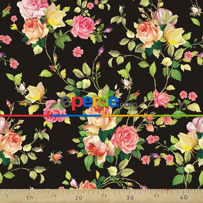 Çiçek Desenli Fon Perde Evm1091 Kumaşı Kalındır Duck Bezi Değildir- Siyah-Yeşil-Gül Pembe