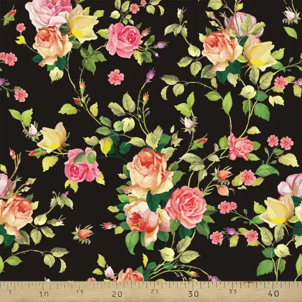 Çiçek Desenli Fon Perde Evm1091 Kumaşı Kalındır Duck Bezi Değildir- Siyah-Yeşil-Gül Pembe