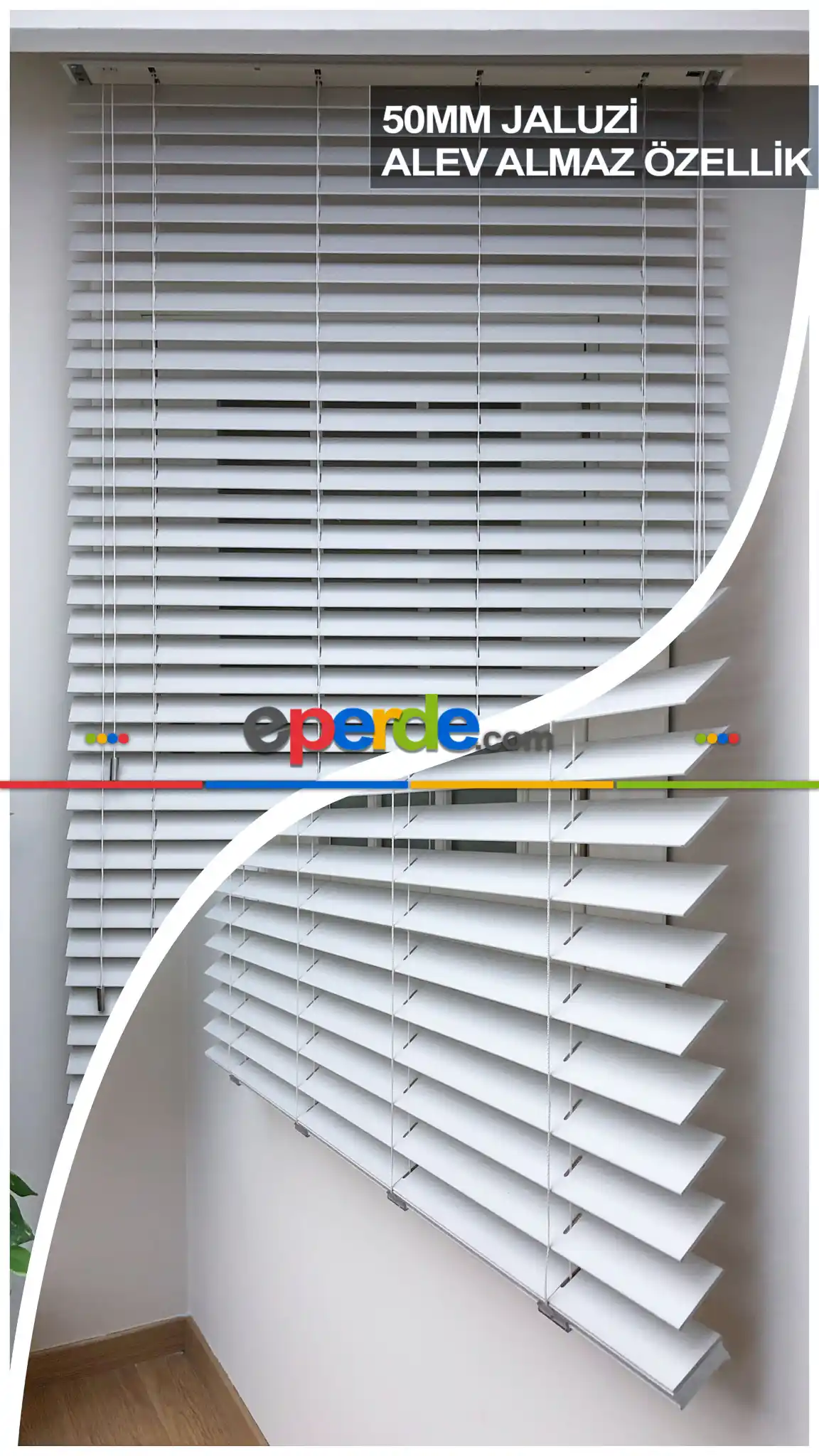 50mm Beyaz Ahşap Efektli Jaluzi Perde Alev Almaz Özellik- Beyaz