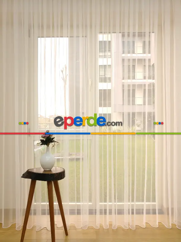 Ekru Renk Petek Zemin Düz Tül Perde Dökümlü- Ekru