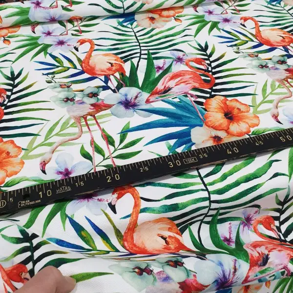 Kuğu Ve Tropikal Desenli Fon Perde Evm1065 Kumaşı Kalındır Duck Bezi Değildir- Yeşil-Mavi-Beyaz-Pembe