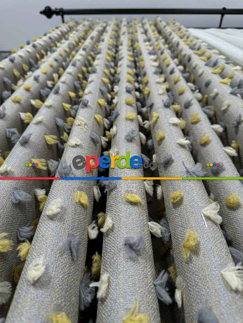 Açık Antrasit Krem Ve Sarı Ponponlu Jakar Dokuma, Premium Kalite Serisi Fon Perde