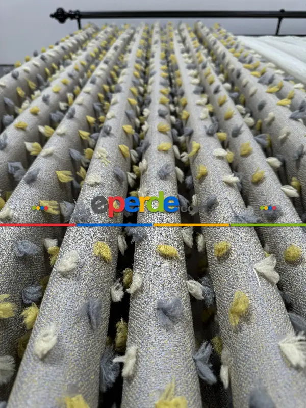 Yatak Odası - Açık Antrasit Krem Ve Sarı Ponponlu Jakar Dokuma, Premium Kalite Serisi Fon Perde