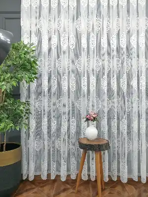 Serpme Damask Desenli Fransız Dantel Tül Perde- Ekru