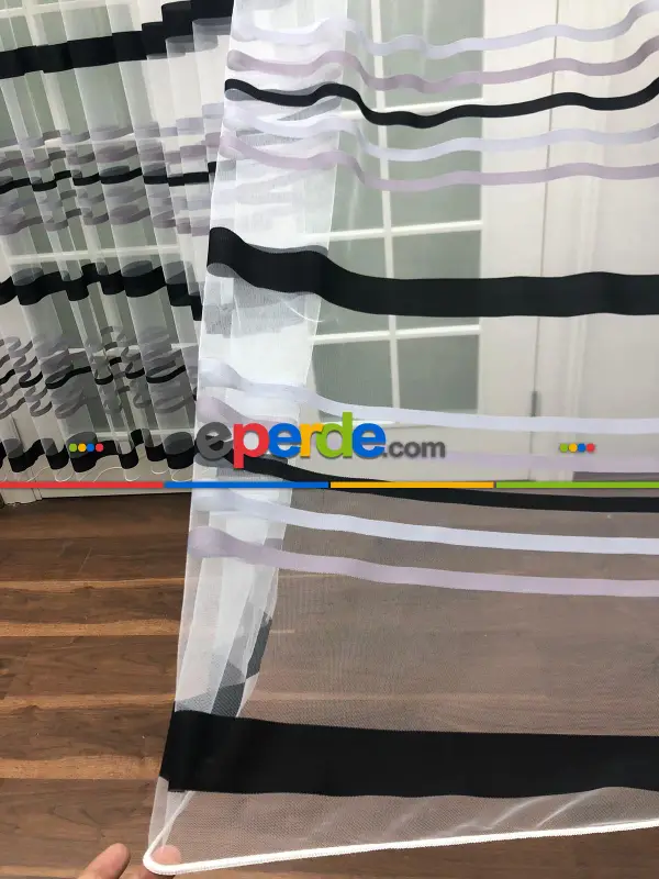 Enine Çizgili Bantlı Spor Tül Perde- Siyah-gri Açık-gri Koyu-ekru - Kurşunlu Tül