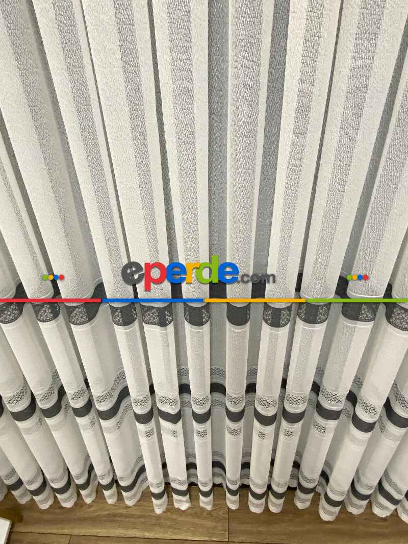 Siyah Gri Çizgili Tül Perde - Spor Desenli - Tül Perde - Örme Tül Perde - Ütü İstemeyen