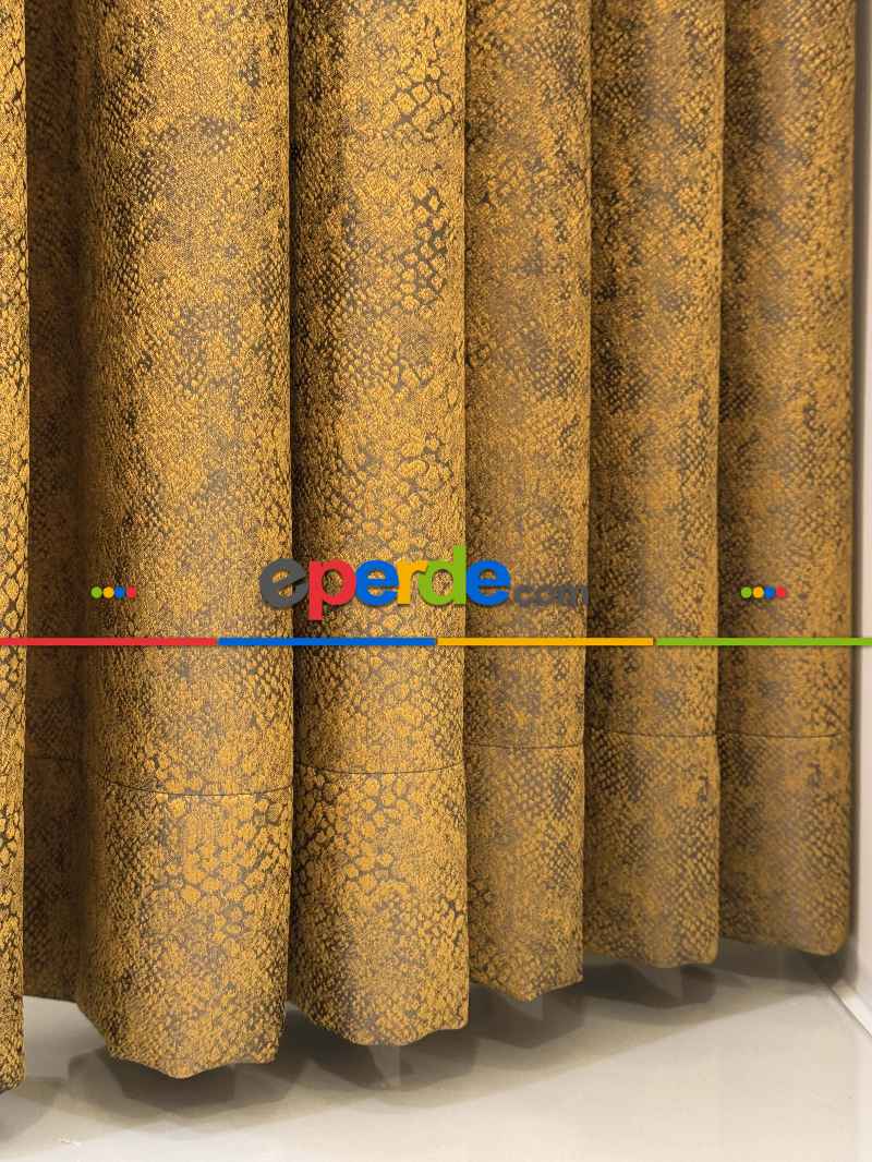 Oturma Odası - Gold Hardal Jakar Dokuma Desenli Fon Perde, Hafif Parlak Premium Kalite Seri