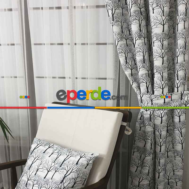 Siyah Mutfak Perdesi Kanat Fon Perde  Ağaç Desenli- Siyah