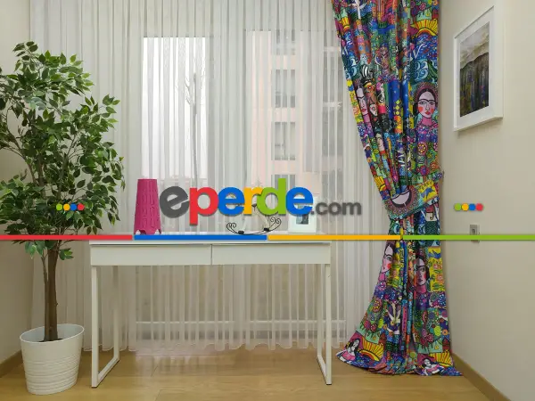 Popart Fon Perde - Kumaşı Kalındır Duck Bezi Değildir.- Mavi-sarı-beyaz-turkuaz-çok Renkli