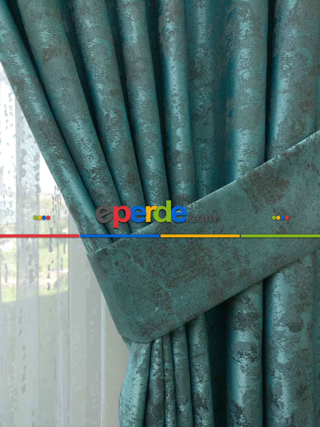 Patine Desenli Turkuaz - Katyonik Jakar Fon Perde- Turkuaz