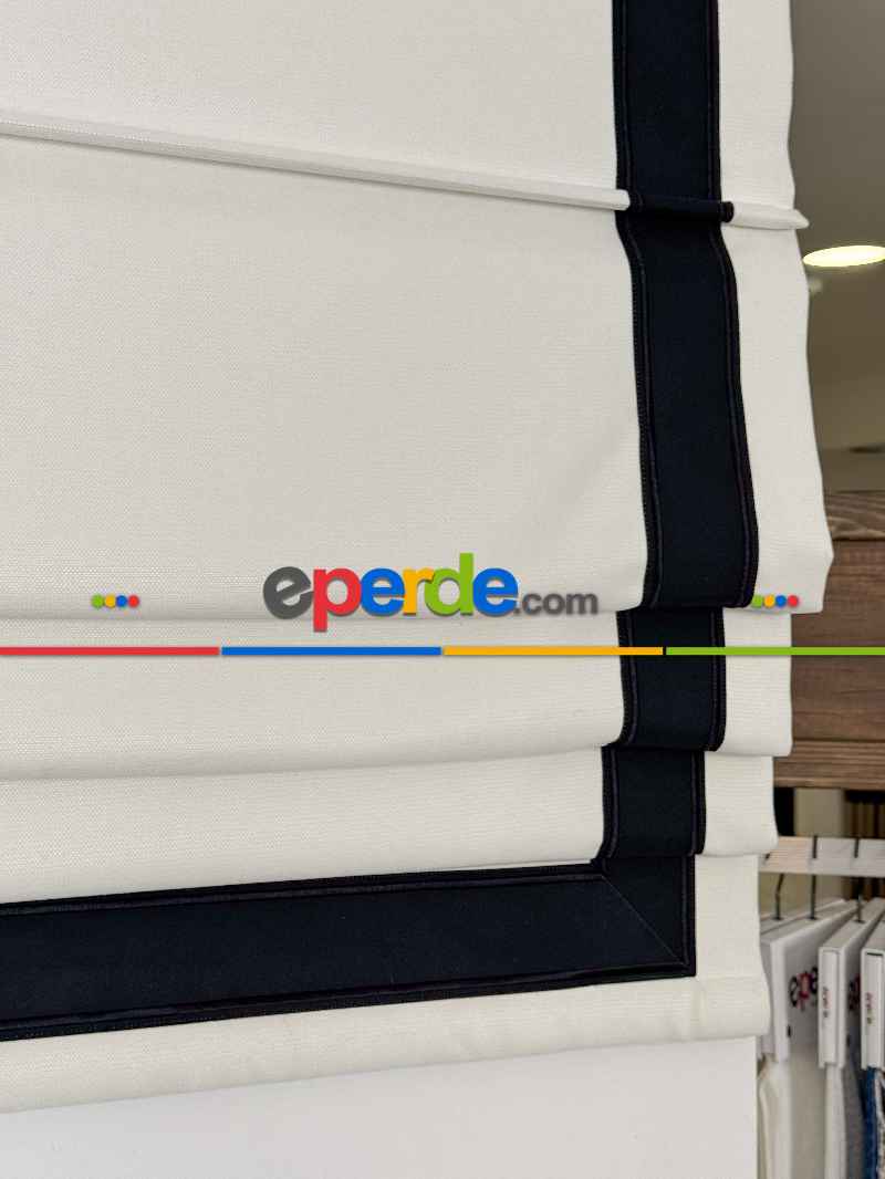 Krem Naturel Keten Siyah Biyeli Katlamalı Perde