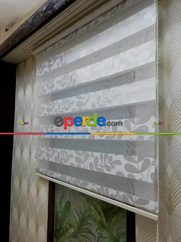 Mutfak - Yapraklı Zebra Perde- Beyaz