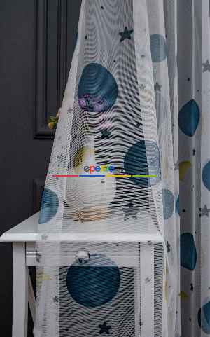 Hazır Ölçülü Petek Zemin Gece Mavisi Ve Sarı Renkli Gezegenler Desenli Grek Baskılı Tül Perde