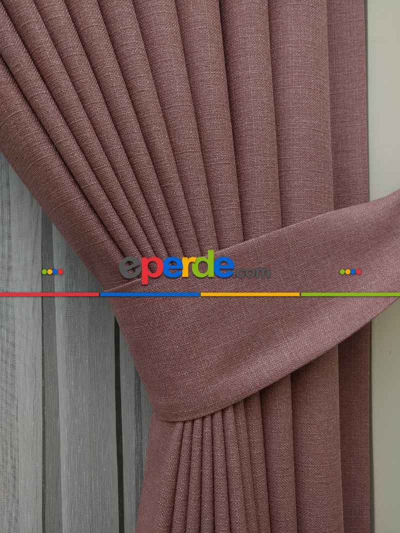 Keten Gül Kurusu Renk Düz Fon Perde- Pudra