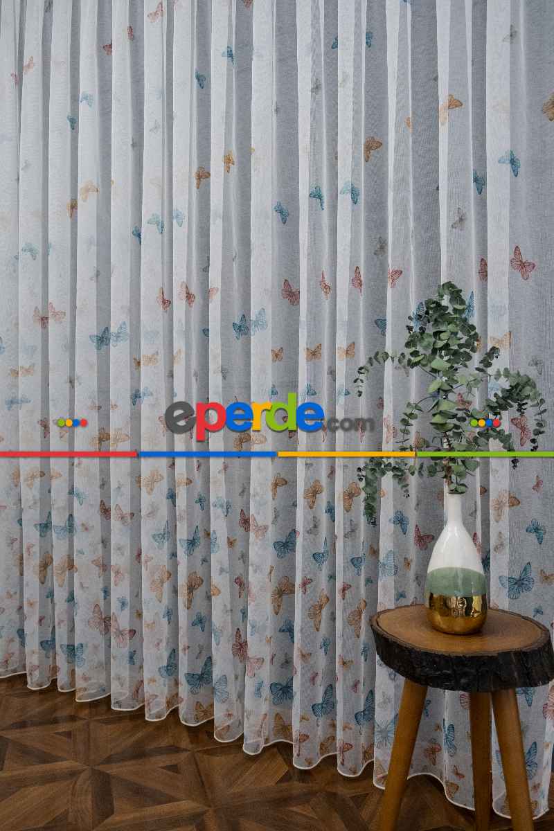 Brillant Kelebek Desen Model Tarz Tasarım Renkli Tül Perde - Kurşunlu Tül
