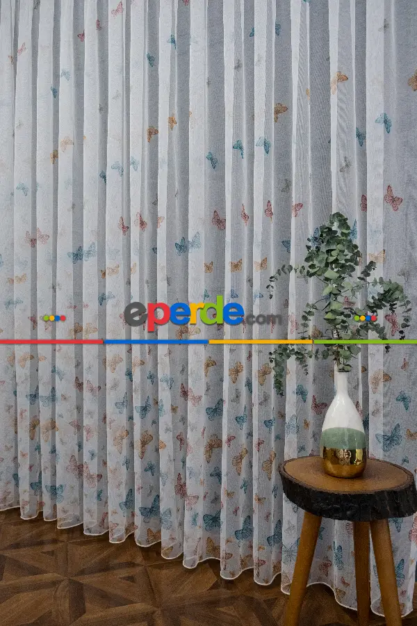 Brillant Kelebek Desen Model Tarz Tasarım Renkli Tül Perde - Kurşunlu Tül