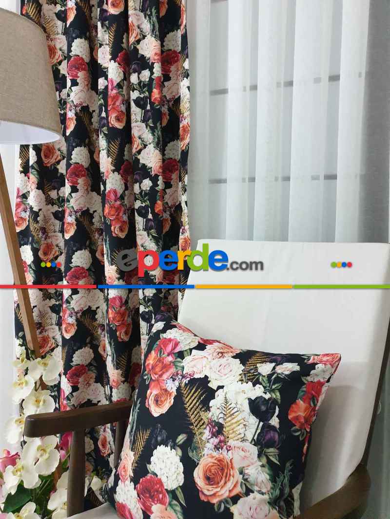 Pembe Çiçek Desenli Fon Perde Evm626 Kumaşı Kalındır Duck Bezi Değildir- Siyah-yeşil-beyaz-pembe