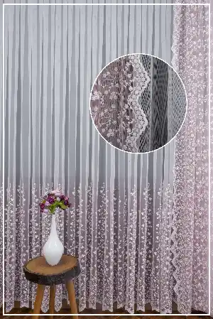Pudra Pembe Beyaz Renk Geçişli Çiçekli Fon Perde 70cm X 280cm 