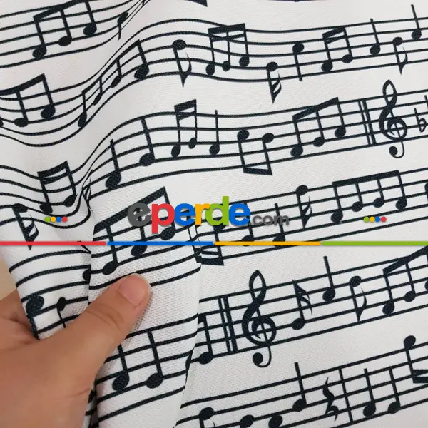 Genç Odası - Nota Desenli Fon Perde Evm760 Kumaşı Kalındır Duck Bezi Değildir- Siyah-Beyaz