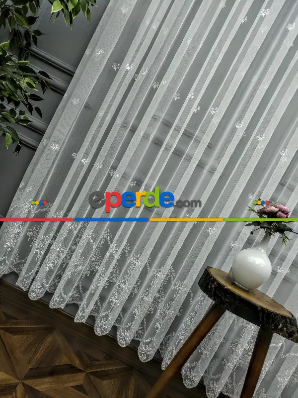 Salon Tül Perde - Grek Brode İşlemeli Yüksek Nakış Kaliteli Yeni Sezon Ürün- Ekru