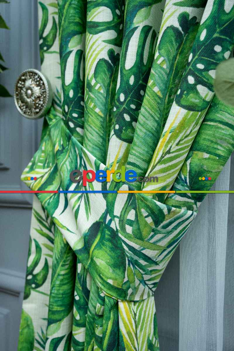Yaprak Desenli Fon Perde Kumaşı Kalındır Duck Bezi Değildir- Yeşil-Beyaz-Açık Yeşil